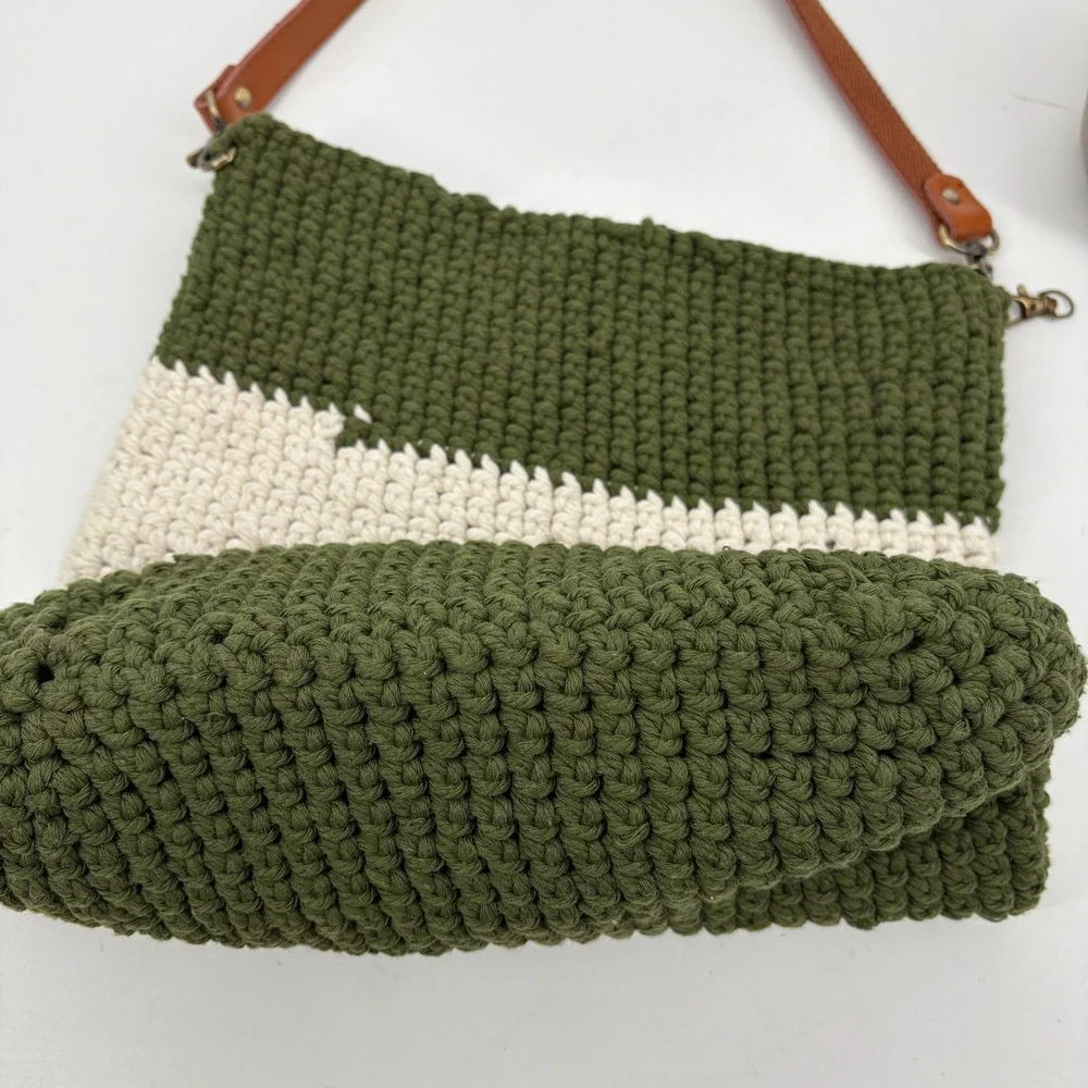 Handmade Crochet Knit Bumble Bee Lined Boho Shoulder Bag Green Cream Tote